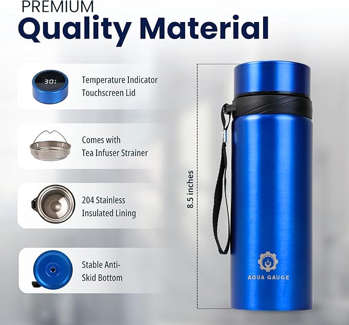 Stainless Steel Thermal Bottle, 600 mL, Digital Temperature Display, 4 Colors (Blue)