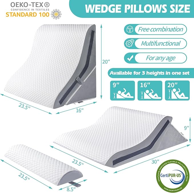 Wedge Pillow for Sleeping, Orthopedic Bed Wedge Pillow Set, 15-in-1 3PCS Adjustable Memory Foam Wedge Pillow Post Surgery, 9 &16 & 20 inches Height 3-in-1 Incline Wedges Pillows (White 3-Piece Set)