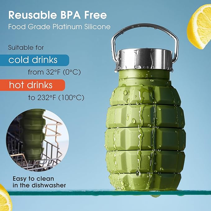 Collapsible Water Bottle 19.6 oz Leak Proof - 2 Lids, Carabiner, Gift Box - Reusable Silicone Water Bottle Men for Dad Birthday Gift - Foldable Travel Water Bottle for Gym & Sport - Green Accessories