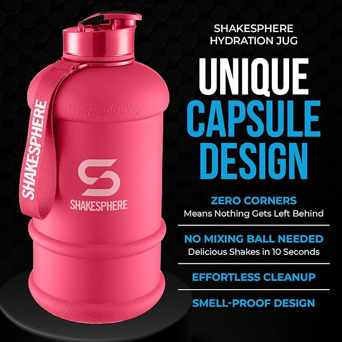 SHAKESPHERE Large Sports Water Bottle - BPA Free Hydration Jug, Black - Ideal for Sports, Camping, Outdoor, Biking & Kids… (Matte Pink, 1.3L)