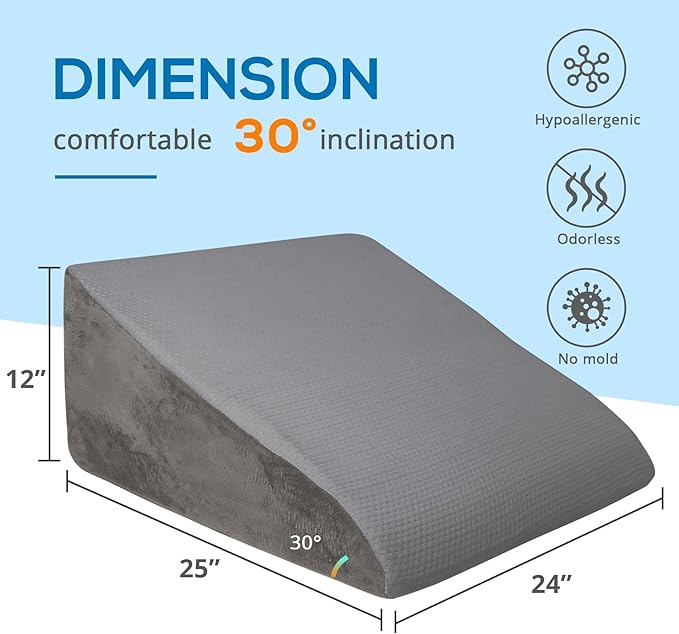 Sasttie Wedge Pillow for Sleep Apnea, 12 Inch Memory Foam Bed Wedge Pillow for Acid Reflux Relief, 30 Degree Triangle Incline Pillow Wedge for Sleeping with Removable Cover, Solid Deep Gray