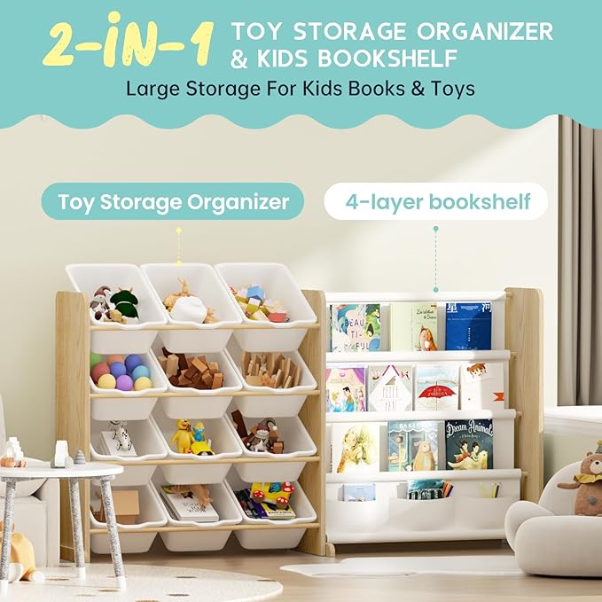 Kids Toy Storage Organizer - Toy Organizer with Kids Bookshelf, Toy Storage with 12 Toy White Bins and 4 Book Shelves, Toy Organizers and Storage for Playroom, Nursery, Kids Room, Burlywood