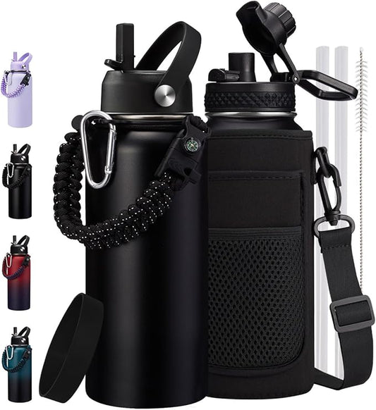 32oz Insulated Water Bottle Flask - Cold-48h & Hot-24h, Stainless Steel Water Bottle Hydro Cup with Paracord Handle, Straw & Spout Lids, Strap Carrier Bag, Meta Water Bottle for Sports Fitness Hiking