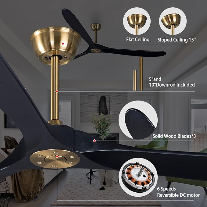 Bigzone 88" Outdoor Ceiling Fan With Remote Control, DC Motor Quiet Energy Saving,3 Black Balsa Wood Blades,Outdoor/Indoor Ceiling Fan With Reversible Blades