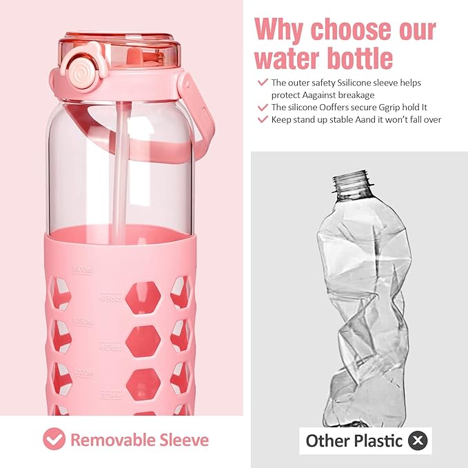 MUKOKO 56oz Glass Water Bottles with Straw and Lid,Motivational Water Jug with Time Marker Reminder and Silicone Sleeve,100% Leakproof BPA Free Fitness Sports Large Bottle-Pink