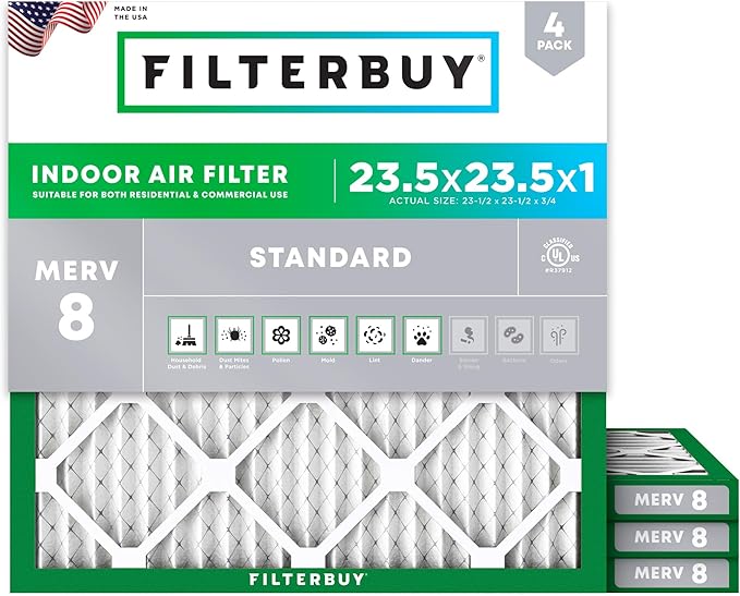 Filterbuy 23.5x23.5x1 Air Filter MERV 8 Dust Defense (4-Pack), Pleated HVAC AC Furnace Air Filters Replacement (Actual Size: 23.50 x 23.50 x 0.75 Inches)