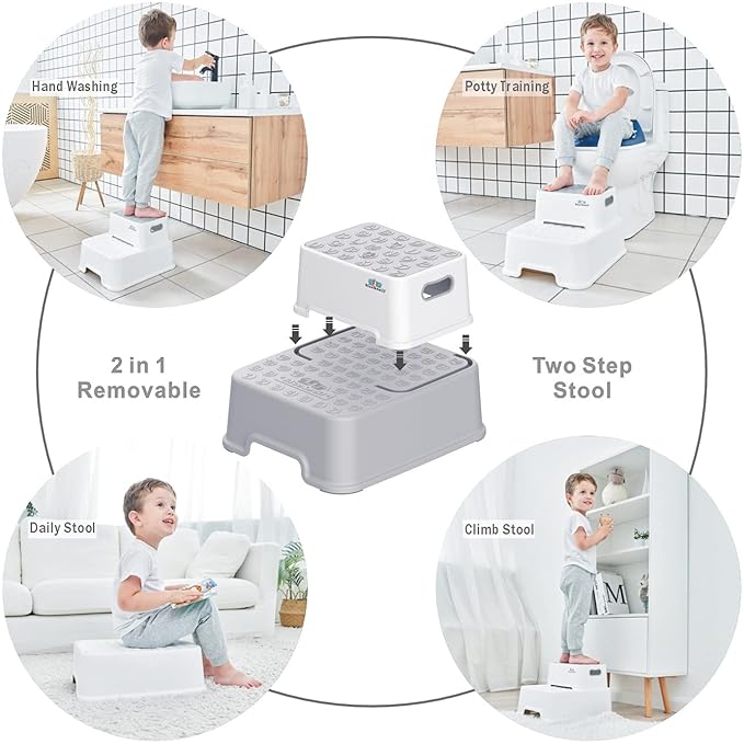 BlueSnail Double up Step Stool for Kids, Anti-Slip Sturdy Toddler Two Step Stool for Bathroom,Kitchen and Toilet Potty Training(Gray)