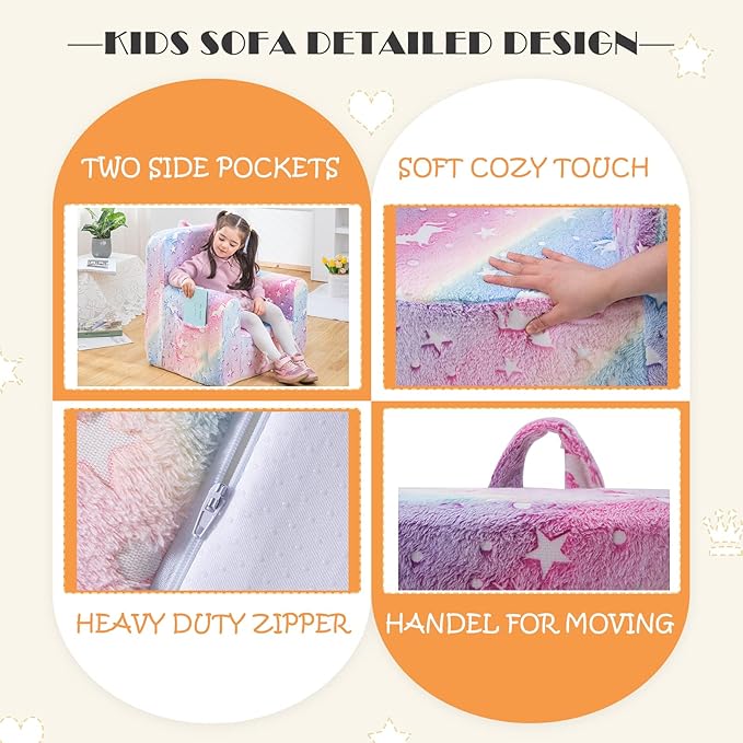 Snuggly-Soft Cuddly Toddler Plush Armchair for Boys and Girls Glowing Pink Fuzzy Plush Kids Sofa Couch Reading Chair with Children Friendly Handle for Easy Movement & Double Pockets for Storage