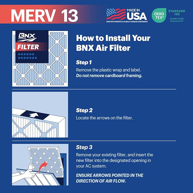 BNX TruFilter 18x20x1 Air Filter MERV 13 (12-Pack) - MADE IN USA - Electrostatic Pleated Air Conditioner HVAC AC Furnace Filters for Allergies, Pollen, Mold, Bacteria, Smoke, Allergen, MPR 1900 FPR 10