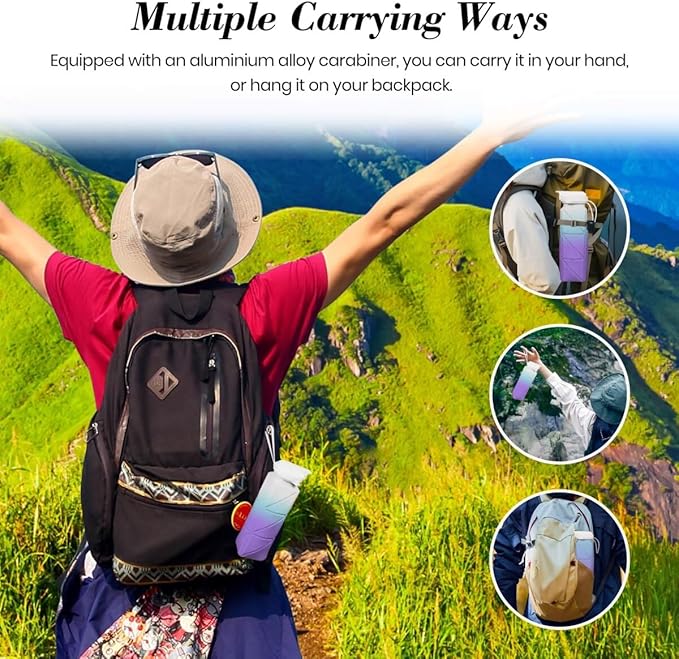 Collapsible Water Bottles with Straw Strap, BPA-Free Leak-Proof Silicone Collapsible Water Bottle Cup 620ml for Travel, Camping, Hiking, Cycling and Outdoor Sports (Blue-Purple Gradient)