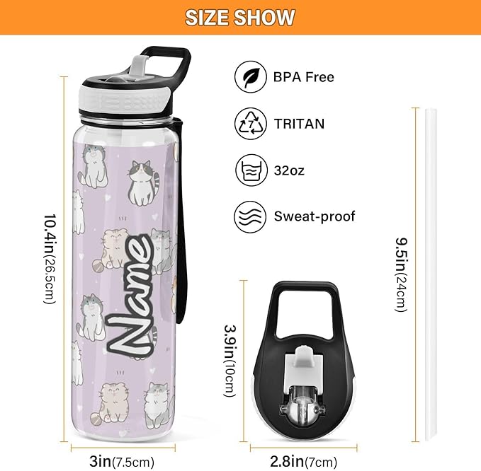 Personalized Custom Water Bottle with Straw Cute Cat Purple Sports Bottles BPA-Free Tritan Heart Water Jug with Carrying Strap for Gym Office Outdoor Sports