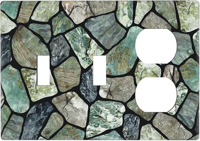 Green Stone Texture Combo 2 Toggle 1 Duplex Outlet Light Switch Wall Plate Cover Decorative 3-Gang for Electrical Room Bathroom Bedroom Home Kitchen One Receptacle 4.5" x 6.38"
