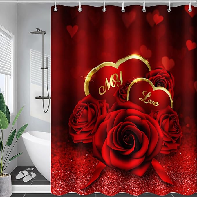 AILONEN Red Rose Shower Curtain for Bathroom, Romantic Flower Rose 3D Printed Valentine Wedding Bathroom Curtain,60" W*72" H Polyester Waterproof Bath Curtain with 12 Hooks