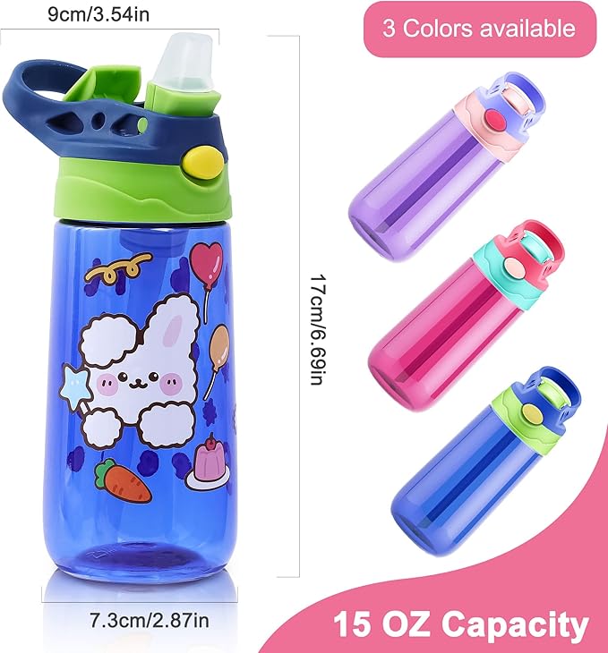 Kids Water Bottle for School 16 OZ Water Bottle with Straw BPA-Free Reusable Leak-proof Water Bottles with One-handed Opening Straw Lids, Anti-dust Spout Cover (PINK)