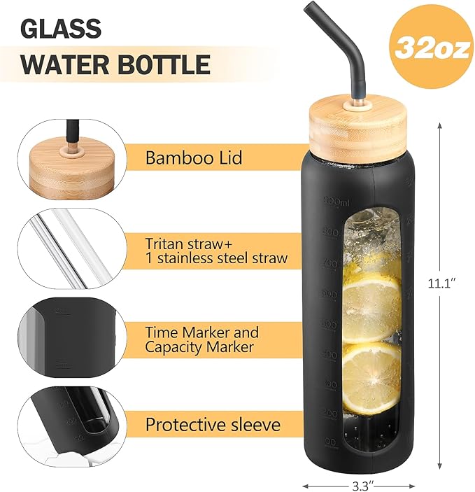 Glass Water Bottles with Straw -32oz- Water Bottle Phone Holder for Gym Large Motivational Water Bottle with Time Marker Glass Drinking Bottles 2 Lids - Spout & Bamboo Straw Lid(Black)
