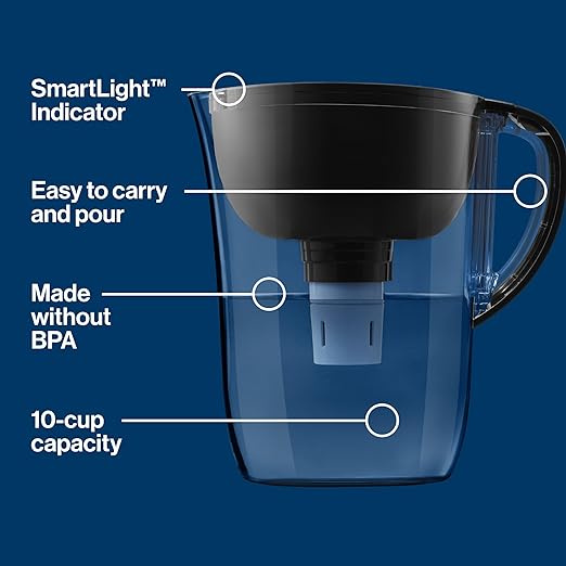 Brita Large Water Filter Pitcher for Tap and Drinking Water with SmartLight Filter Change Indicator + 1 Elite Filter, Reduces 99% Of Lead, Lasts 6 Months, 1-Cup Capacity, Black