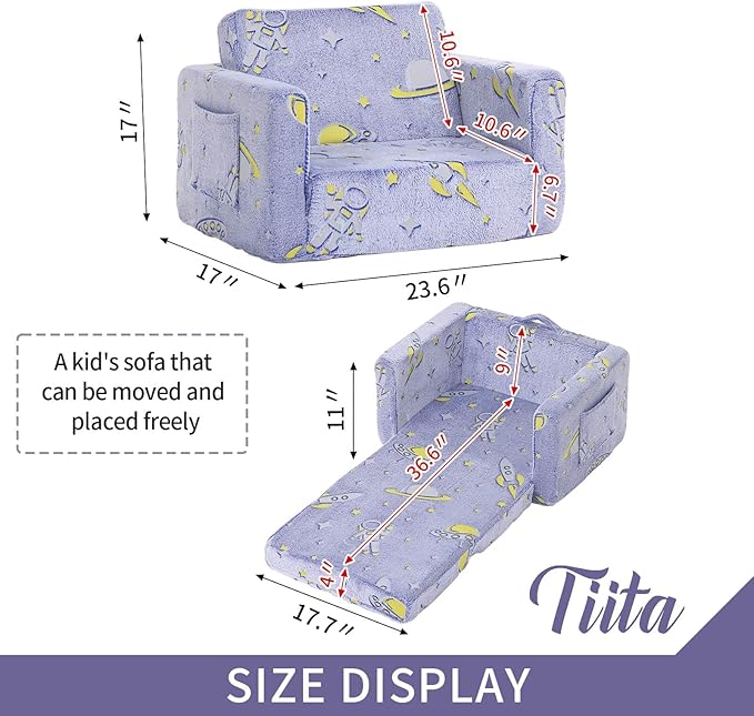 Tiita Kids Sofa, 2-in-1 Kids Sofa Chair, Convertible Children Couch to Lounger, Flip Out Kids Sofa Chair, Toddler Armrest Chair Bed, Folding Kids Play Sofa for Girl or Boy(Blue Astronauts)