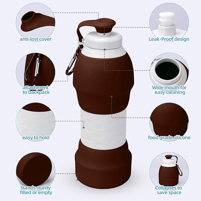 Collapsible Water Bottle, 19.6oz Leakproof Foldable BPA Free Silicone Reusable Sports Bottle, Portable Refillable Bottles with Carabiner, Ideal for Travel Hiking Outdoor Camping Gym (Brown)