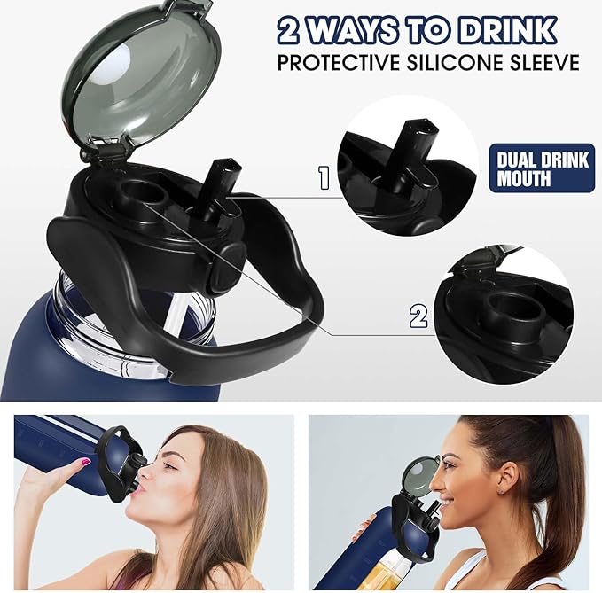 Glass Water Bottles 64 oz - Half Gallon Water Bottle with Straw Phone Holder Handle Time Marker and Silicone Sleeve, Large Motivational Water Jug with Carrier Bag for Daily Intake Gym Blue