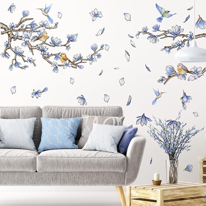 Blue Flowers Birds Wall Decals Blue Floral Garden Flower Wall Stickers Fairy Decals PVC Removable Wall Art Decals for Girls Bedroom Nursery Decor