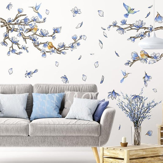 Blue Flowers Birds Wall Decals Blue Floral Garden Flower Wall Stickers Fairy Decals PVC Removable Wall Art Decals for Girls Bedroom Nursery Decor