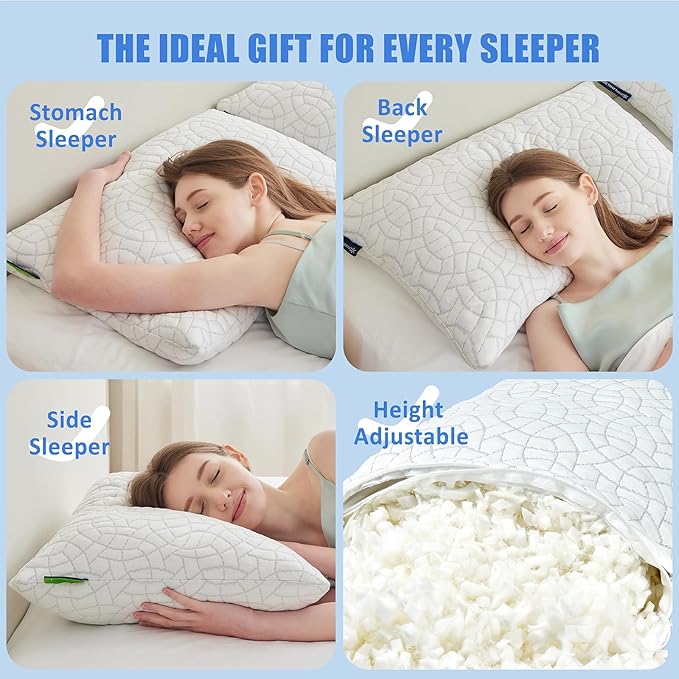 Cooling Pillows for Sleeping, Shredded Memory Foam Pillows 2 Pack, Bed Pillows Queen Size Set of 2, Adjustable Loft Soft or Firm Pillow for Side Back Stomach Sleepers with Cooling Cover