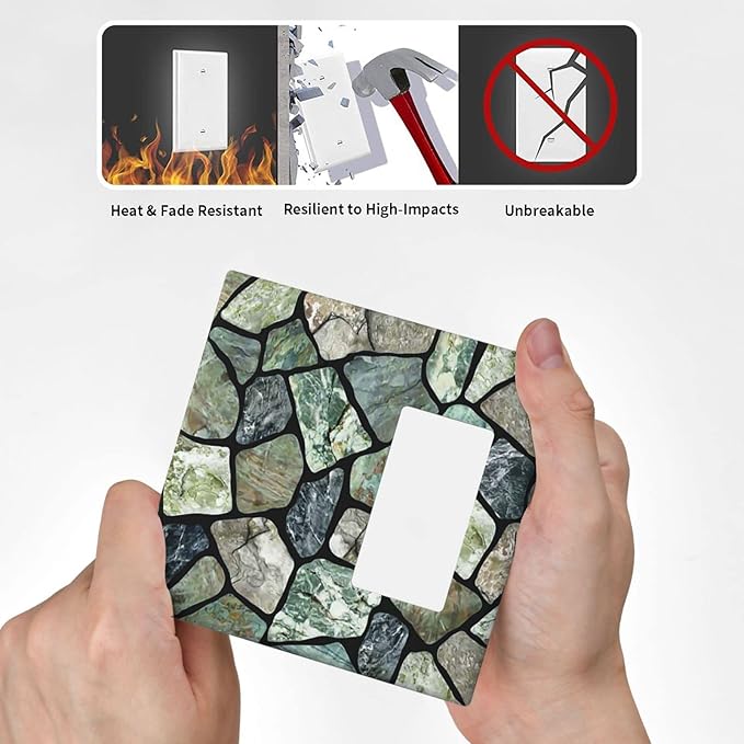 Green Stone Texture Combo Single Blank 1 Rocker Light Switch Wall Plate Cover Decorative 2-Gang for Electrical Room Bathroom Bedroom Home Kitchen One Decora Receptacle 4.5" x 4.6"