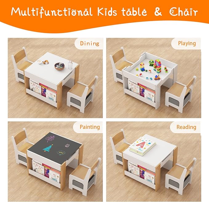Kids Table and Chair Set, 4 in 1 Wooden Activity Table & 2 Chairs with Storage Drawer Detachable Tabletop for Toddlers Kids Drawing, Reading, Crafts, Art,Homework, Nursery, Playroom