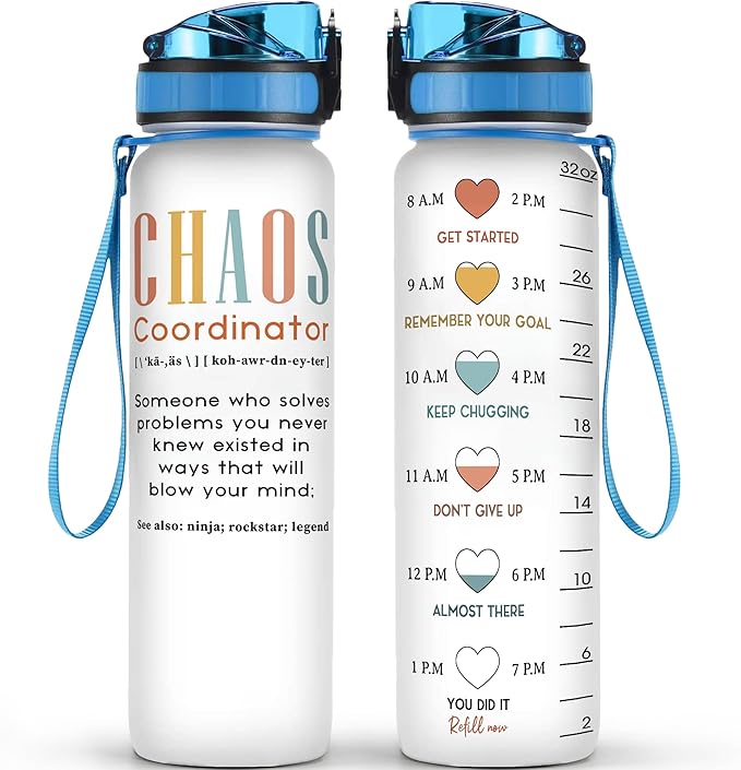 Macorner Chaos Coordinator Water Bottle Time Marker 32oz Leakproof - Birthday Gift Idea for Boss Women Coworker Manager Teacher Boss Lady Office Work Bestie - Suitable for School Gym Nurse Farewell
