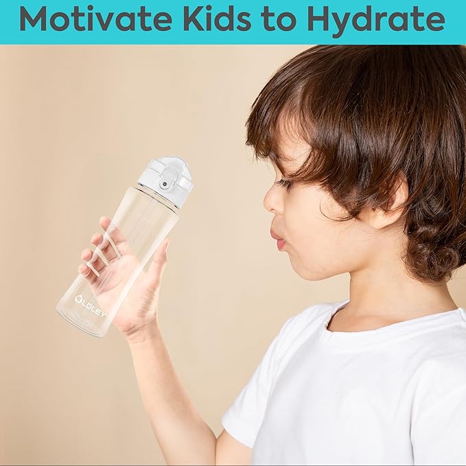 OLDLEY Kids Water Bottle with Straw 15 oz BPA-Free Leak-Proof Motivational Water Bottles with Time Marker for School Sports Travel Gym, Easy to Use for Girls Goys, 1 Straw Lid, Transparent