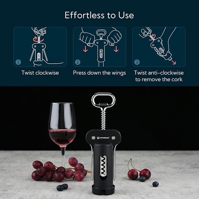 KITCHENDAO 3 in 1 Wing Corkscrew Wine Bottle Opener with Foil Cutter, Built-in Beer Bottle Opener, Multifunctional Wine Opener with Non-Stick Sharp Screw,Easy to Use, Manual Wine Corkscrew，Black