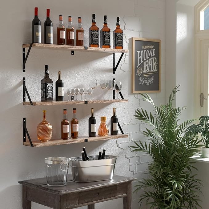 Floating Book Shelves for Wall Set of 3, Wall Bookshelf, 33 inch Long Wood Shelf for Wall Storage, Hanging Shelving for Bedroom, Bathroom, Living Room, Kitchen, Office and Plants (Carbonized Black)