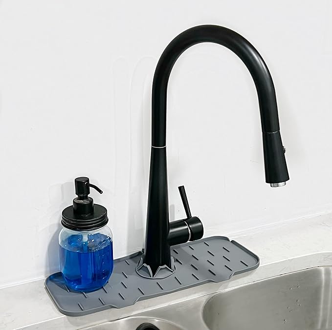 ExqNova Food Grade Silicone Sink Splash Guard, Faucet Drip Catcher Tray, Faucet Water Catcher Mat, Faucet Splash Guard, Sink Draining Pad Behind Faucet, Drip Protector Countertop, Grey Splash Guard