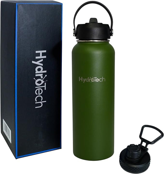 HydroTech Stainless Steel Leak Proof Water Bottle with Double Wall Insulation and 2 Lids (Straw Lid) - 40 OZ. (Dark Green)