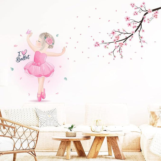 Pink Cherry Blossom Wall Decals, Dancing Ballet Girl Wall Stickers, Flower and Tree Branch Wall Decor, Removable Vinyl Wall Decor Mural Art for Baby Nursery Bedroom & Living Room Sofa TV Backdrop Decoration