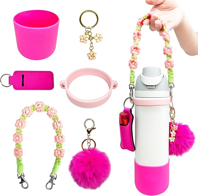 Water Bottle Accessories Set Compatible with Owala 24oz 32oz Including Water Bottle Handle Strap, Water Bottle Boot, Lipstick Bag, Pompom Ball, Daisy Key-chain, Compatible with Owala FreeSip.