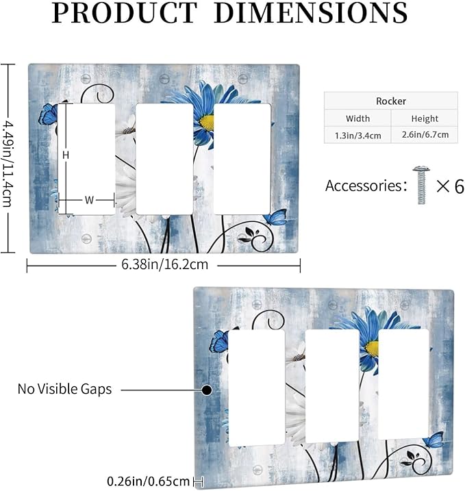 Rustic Teal Blue Daisy Floral 3 Gang Rocker Light Switch Covers Triple Outlet Wall Plate Decorative Switchplate Cover Faceplate GFCI for Country Bathroom Bedroom Kitchen Decor
