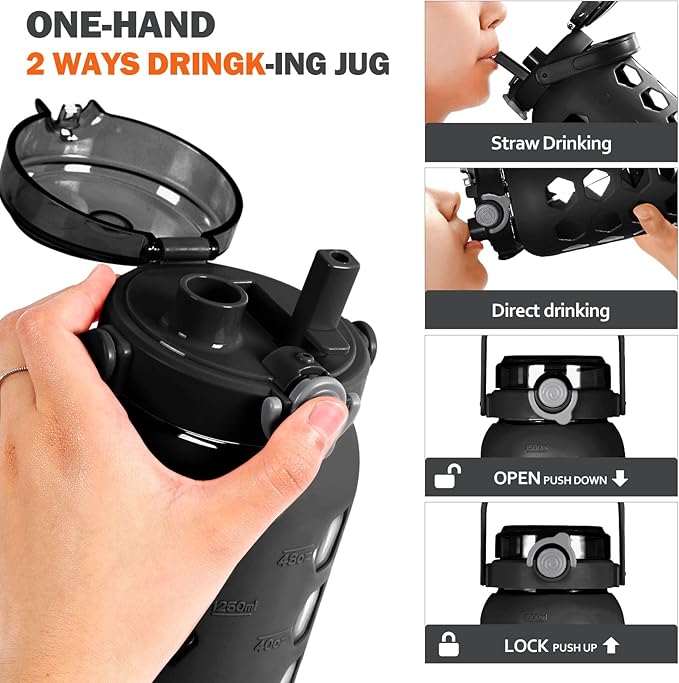 MUKOKO 56oz Glass Water Bottles with Straw and Lid,Motivational Water Jug with Time Marker Reminder and Silicone Sleeve,100% Leakproof BPA Free Fitness Sports Large Bottle-Black