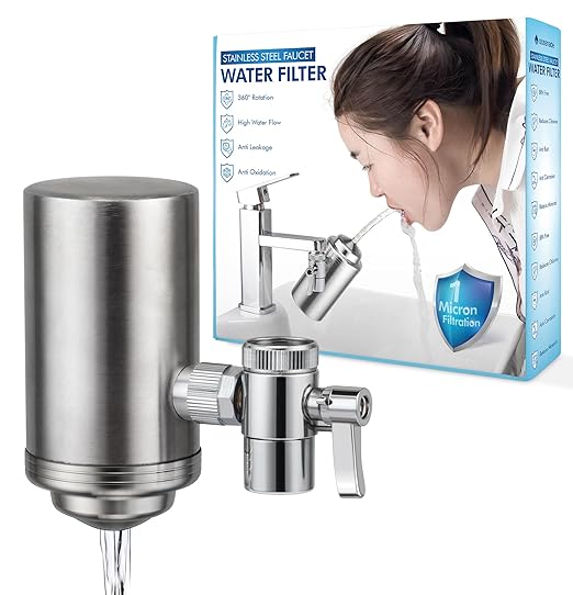 Stainless Steel Faucet Water Filter - Sink Tap Filter - 360° Rotating Faucet Filter Water Purifier - Sink Water Filter Faucet Filter for Kitchen or Bathroom - Filtration Removes Chlorine & Limescale