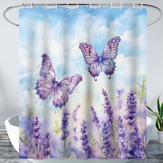AILONEN Beautiful Butterfly Shower Curtain for Kids Girls Boys, Flying Butterfly Bath Curtains for Bathroom,Blossoming Lavender Flowers Shower Curtain Set with Hooks,72" W*78" H