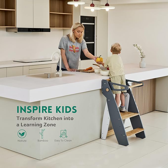 Toddler Tower Foldable Kids Kitchen Step Stool, Folding Learning Tower for Toddlers with Safty Rail, Montessori Standing Tower with 3 Adjustable Heights, Natural Bamboo, Grey