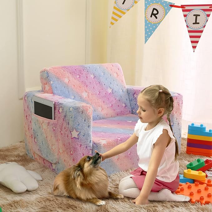 Kids Sofa, Glow in The Dark Toddler Chairs Children's 2 in 1 Convertible Sofa to Lounger - Extra Soft Flip Open Chair & Sleeper, Toddler Couch Chair, Sofa Bed for Boys Girls