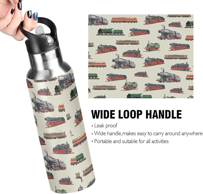 Train Stainless Steel Water Bottle with Straw Lid - 20 Oz Sports Insulated Water Bottle Thermos for Sport Gym Outdoor Travel School