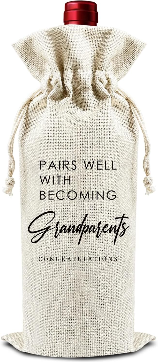 Pairs Well with Becoming Grandparents - Gifts for New Grandma Grandpa Wine Bags, 1 PC Reusable Drawstring Burlap Wine Bottle Bags, Baby Announcement Gifts for Dad Mom, Wine Accessories -46