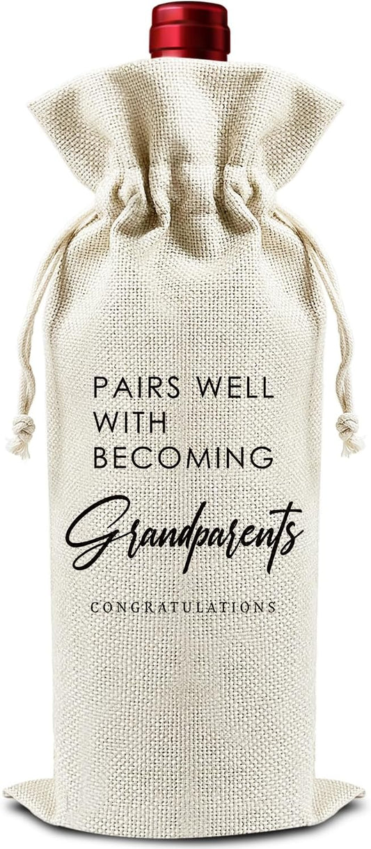 Pairs Well with Becoming Grandparents - Gifts for New Grandma Grandpa Wine Bags, 1 PC Reusable Drawstring Burlap Wine Bottle Bags, Baby Announcement Gifts for Dad Mom, Wine Accessories -46