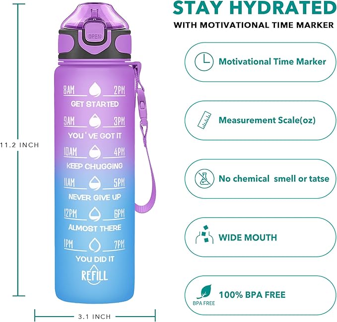 Enerbone 32 oz Drinking Water Bottle with Times to Drink and Straw, Motivational with Carrying Strap, Leakproof BPA & Toxic Free, Ensure You Drink Enough Water for Fitness Gym Outdoor