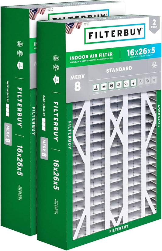 Filterbuy 16x26x5 Air Filter MERV 8 Dust Defense (2-Pack), Pleated HVAC AC Furnace Air Filters for Electro-Air, Emerson, White Rodgers, & Comfort Plus (Actual Size: 16.00 x 25.75 x 4.88 Inches)