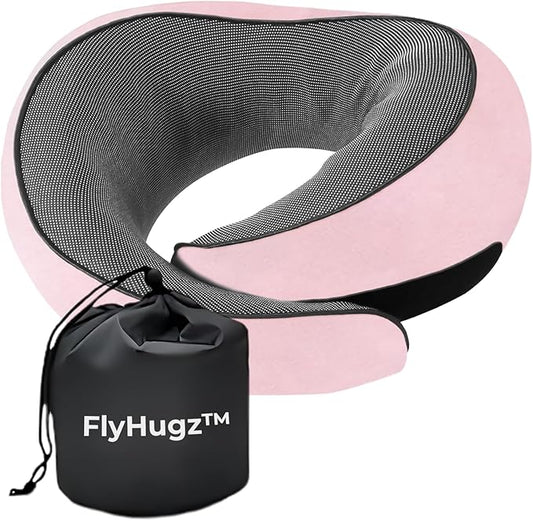 FlyHugz™ Neck Travel Pillow | Memory Foam Neck Pillow for Comfort on Airplane | Compact and Ergonomic Design for Travel, Car Rides, and Home Use | Ideal for Adults and Kids (Pink)