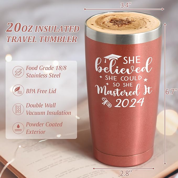Lifecapido Graduation Gifts for Her, She Believed She Could So She Mastered It 2024 20 oz Insulated Travel Tumbler, Graduation Gifts with Keychain for Masters College High School Graduate, Rose Gold