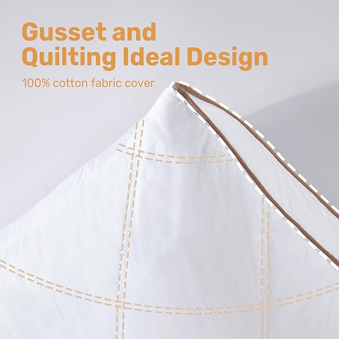 UNIKOME Natural Goose Feathers and Down Pillow - Queen Size Set of 2, Medium Firm Pillow with 100% Cotton Cover, Gussted & Quilting Design Hotel Collection Bed Pillows for Back, Stomach, Side Sleeping